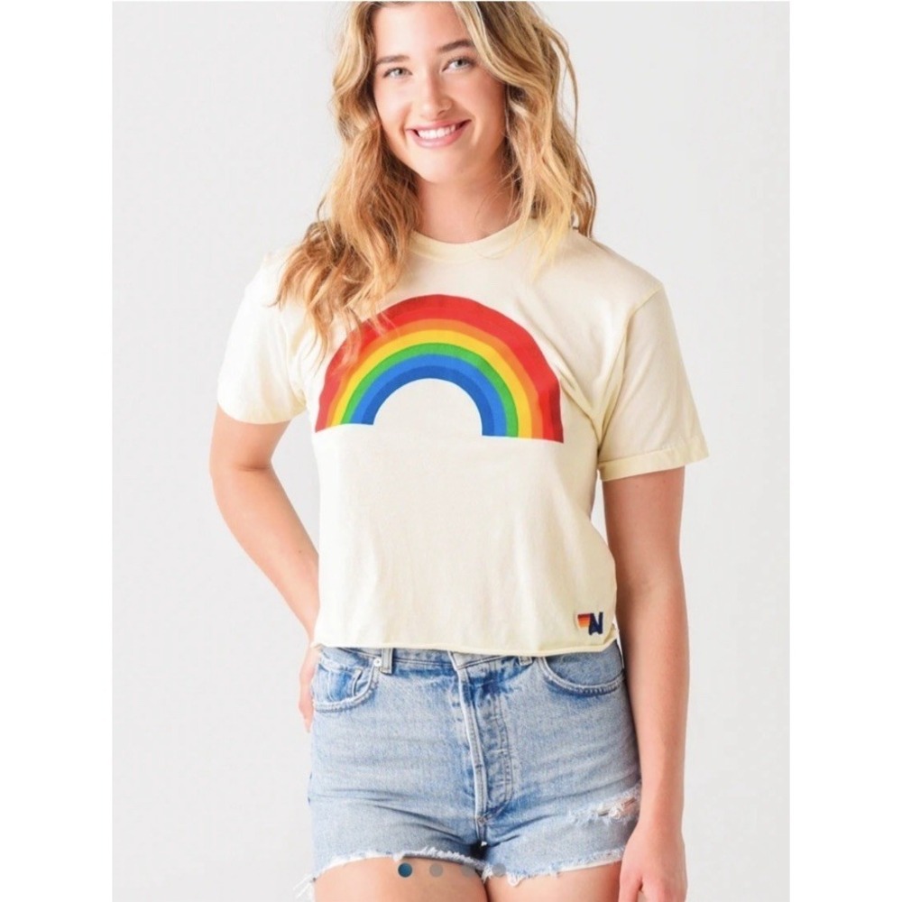 Aviator Nation Womens Ivory Bug Rainbow Boyfriend Tee Logo Graphic Sz XS Cropped